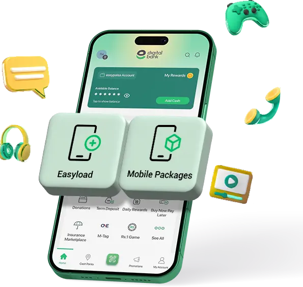 Easyload and mobile packages app with headphones and game controller